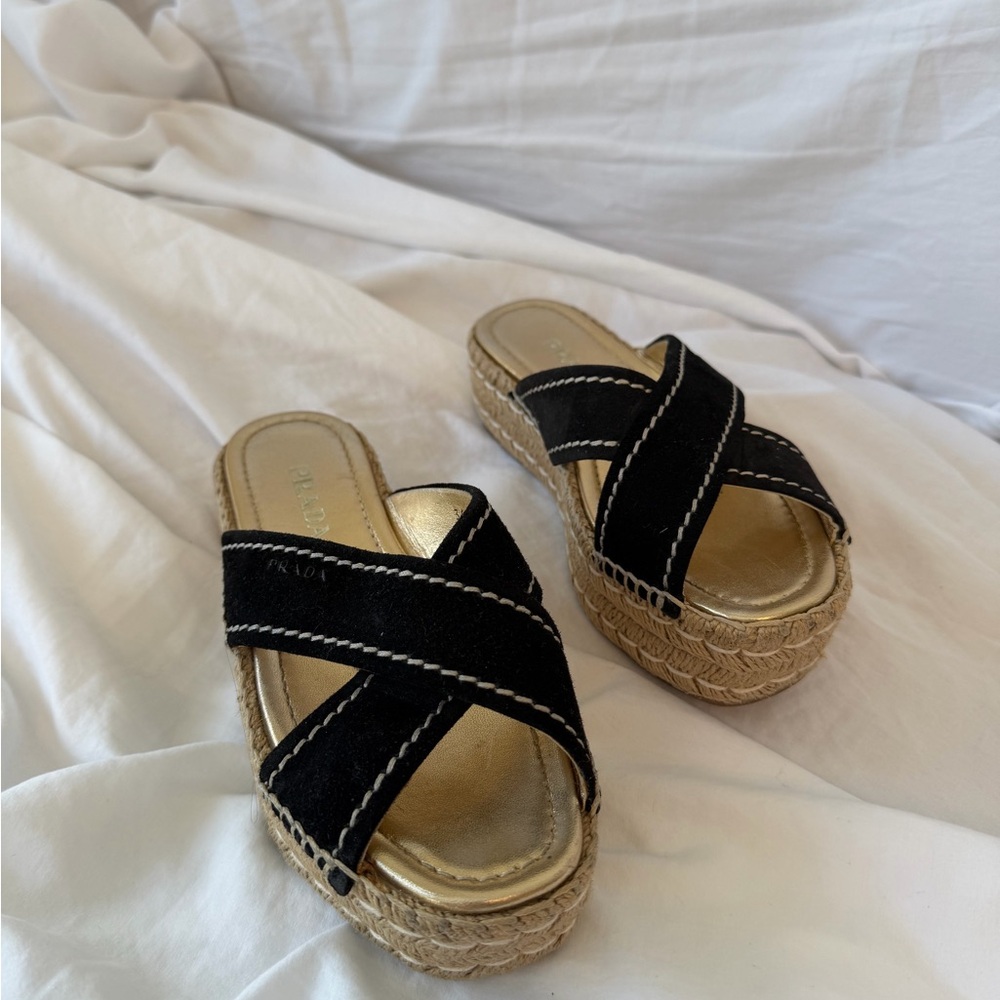 Prada Black and Gold Espadrille Sandals IT36.5